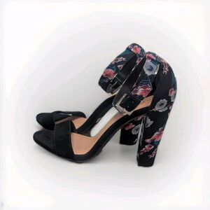 Torrid Size 10W Black & Floral Two Strap Tapered Heel Sandal